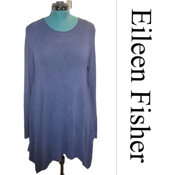 Eileen Fisher Tops - Eileen Fisher Tunic‎ Sweater Medium Blue Viscose Blend Sharkbite Hem Classic